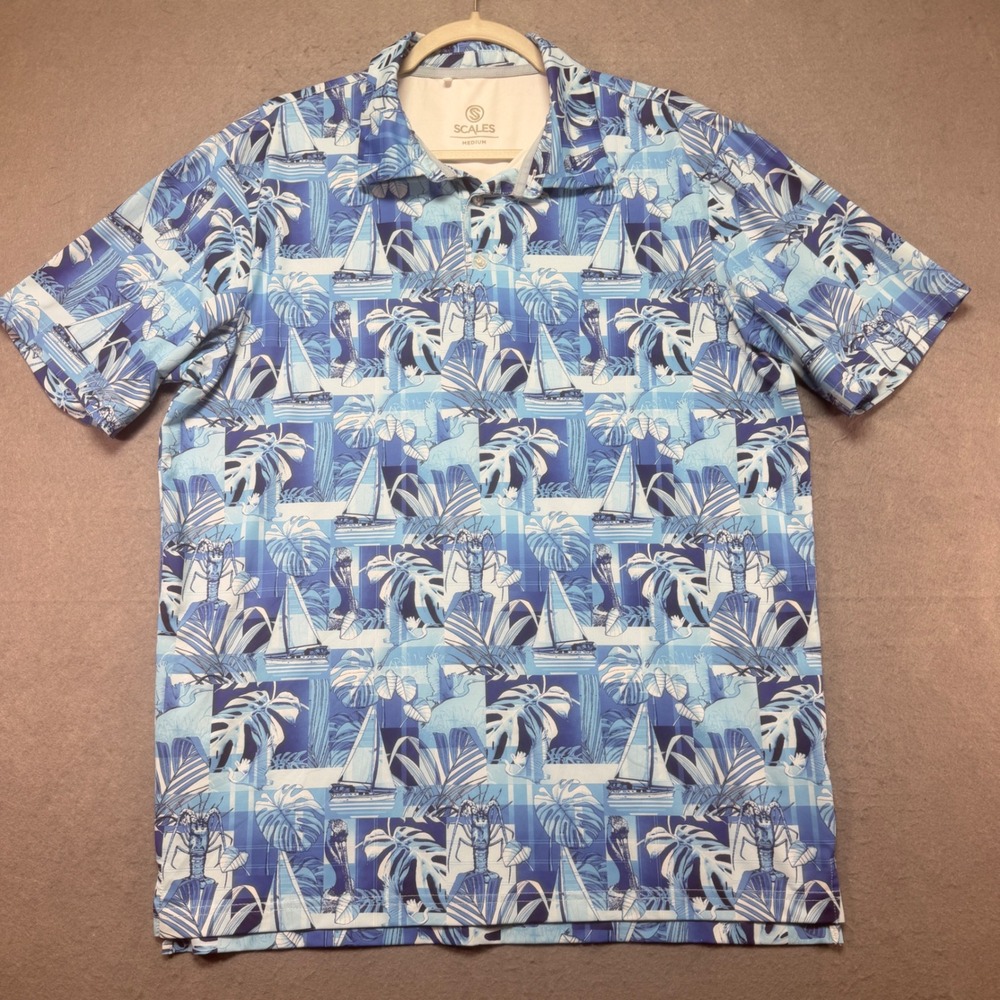 Scales Men Blue Nautical Tropical Performance Polo Shirt Medium Sailboat Lobster